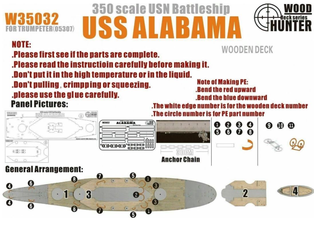 FlyHawk W35032 1/350 WWII Battleship USS Alabama BB60 Wooden Deck